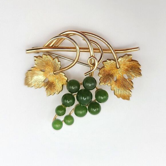 VINTAGE 14k overlay Krementz Brooch Pin, Jade 1940's - Picture 5 of 9